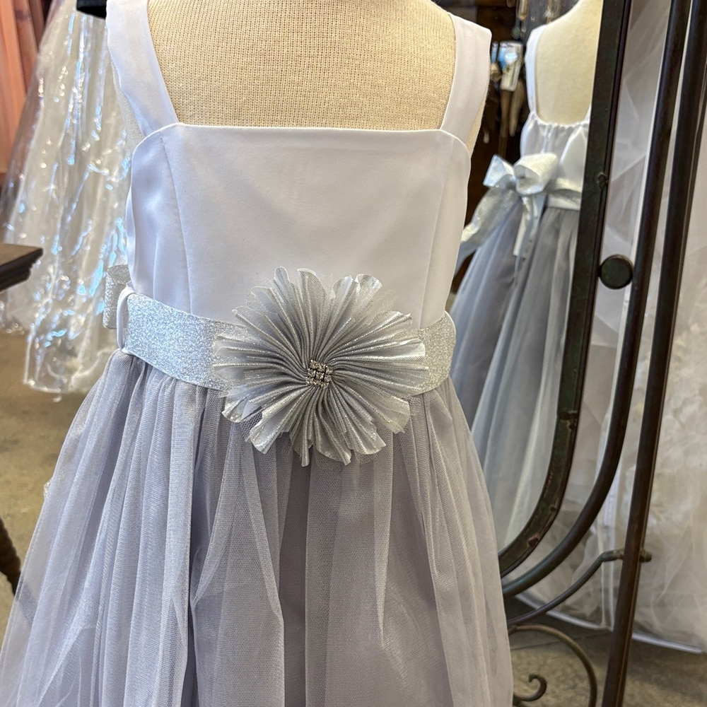 Silver and white flower girl Easter dress party dress
